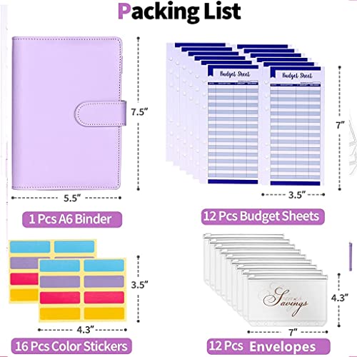 ONMYJFD A6 PU Leather Binder Planner Cash Envelopes Organizer with 12 Binder Pockets,12 Expense Budget Sheets,for Budgeting Money Saving(Black)