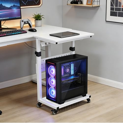 LALFPET Adjustable Height Rolling Computer Stand, 2-Tier Mobile CPU Tower & Printer Cart - Wood Top/Metal Frame - Wheels - Under Desk PC Holder, White