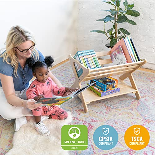 ECR4Kids Wooden Book Caddy with Storage Shelf and Handles, Natural