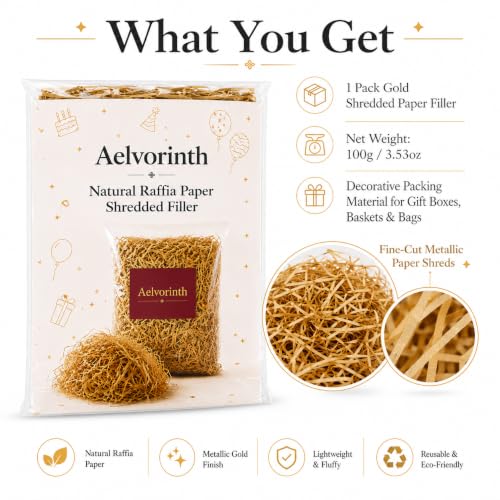 Aelvorinth Metallic Paper Shreds, 100g Gold Shredded Paper Filler for Gift Boxes and Baskets, Premium Decorative Packing Material for Christmas, Birthday, Wedding and Party Gifts