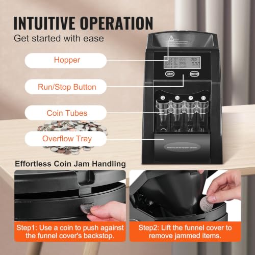 4-in-1 USD Coin Sorter Counter Machine with LCD Display Holds 200 Coins, Auto Wrapper Filling, 4 Storage Tubes and Boxes for Cashier Office Use