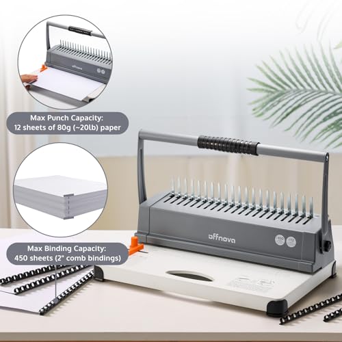 OFFNOVA Binding Machine, 21-Hole 450 Sheets Paper Comb Binding Machine for Letter Size / A4 / A5 Paper, Easy to Punch Handle, Adjustable Margin, Book Binder with 100 PCS 3/8'' Comb Binding Spines