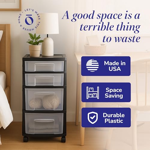HOMZ Drawer Tower, 4-Tier Storage Cart with Removable Wheels, Black Frame
