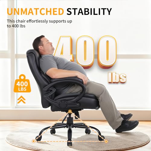 BestOffice Big and Tall Heavy Duty Office Chair 400lbs Wide Seat Ergonomic Computer Desk Chair with Arms and Lumbar Support High Back PU Leather Executive Task Computer Chair for Back Pain, Black
