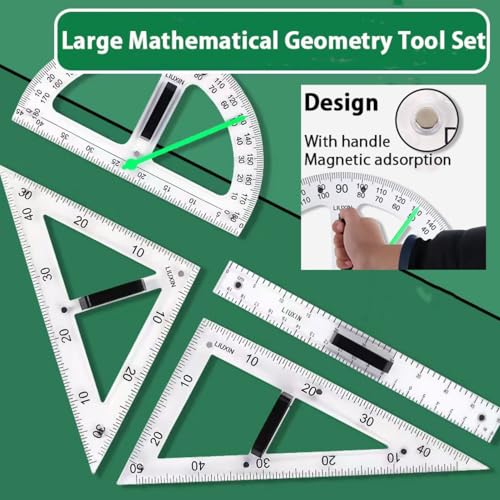 Magnetic Geometry Tool Set Clear Drafting Tools Mathematics Protractor, Triangular Scale Ruler Math Classroom Teaching Measurement Set Oversized Ruler (Transparent 4-piece Set)