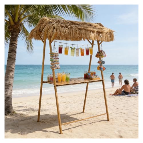 bacedifo Portable Outdoor Market Stall with Faux Thatched Canopy, Detachable Markets Stand, Roll-up Tabletop, Triangular Structure, Metal Frame, Product Display Rack, Height 200 Cm