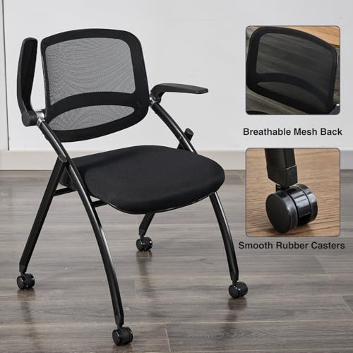 BoisKom Folding Office Chair Flip Up Arm，Conference Room Chairs with Wheels, Foldbable Office Desk Chair with Adjustable Back Rest for Training Room, Guest Reception Chair (Black)