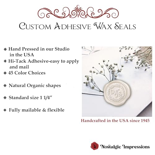 Wedding Couple 2 Letter Monogram Custom Adhesive Wax Seal Stickers 50-Pack Hand Pressed in USA from Real Sealing Wax-Multiple Color & Design Choices