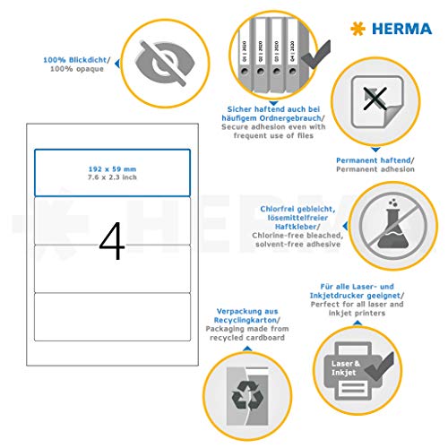HERMA Self Adhesive Spine Labels, 4 Labels per A4 Sheet, 100 Sheets, 192 x 59 mm, 400 Labels, Blank Lever Arch File Folder Labels Stickers, Sticky Labels for Laser & Inkjet Printer, White
