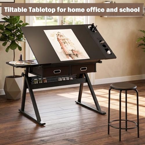 38.58" W Drawing Desk & Art Table for Adults，Tilting Drafting Table with Storage and Stool, Height Adjustable Height Painting Desk with Drawers for Home|Office|Reading|Writing|Crafting (Black)