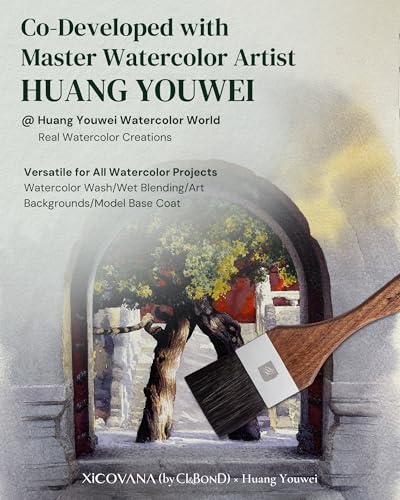 XiCOVANA × Huang Youwei Watercolor Flat Wash Brush, Premium Squirrel Hair, Wet-on-Wet Blending, Background Washes, Large-Scale Art, Mural & Landscape Painting, Artist Grade for Watercolor Gouache Ink