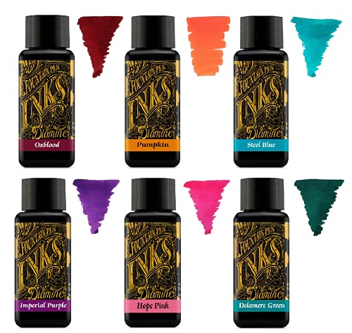 Diamine - 30ml Fountain Pen Ink - Colour Wheel - 6 x Bottles - Oxblood, Pumpkin, Steel Blue, Imperial Purple, Hope Pink, Delamere Green