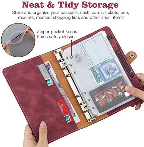 WODHAZNC A6 Notebook Budget Binder, Mini PU Leather Money Organizer with 12 PCS Clear Plastic Zippered Cash Envelopes Pockets & Label