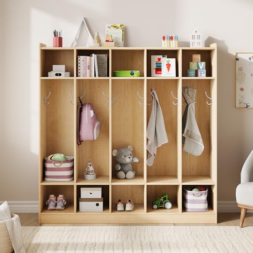 LALFPET 5-Section Wooden Kids Coat Locker with 10 Cubbies & 10 Hooks - Durable Study Area Cubby Storage Organizer for Home, Nursery, Kindergarten - Child-Friendly - Color: Wood Color