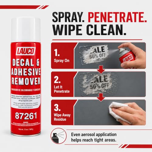 LAUCO Decal & Adhesive Remover, 13 oz Aerosol Spray with Gun – Removes Stickers Pack of 6, Tar, Wax, Oil, Bugs, Sap – Safe on Cured Paint, Vinyl & Fabrics – Single & Multi-Pack Option 87261