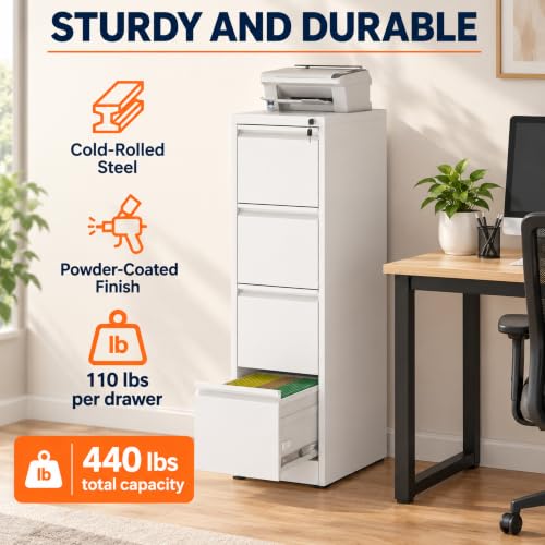 4 Drawer Vertical Filing Cabinet with Lock for Home Office, White