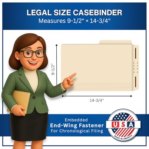 Manila Casebinder Legal File Folders, Doctor Stuff, Top Tab, Legal Size with Fully Reinforced Back, 2” Embedded Fastener on Endwing, and 1/2 Cut Assorted Top Tabs, 14 pt Stock, Box of 50