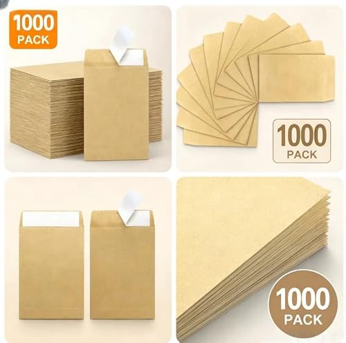 1000 Pack Mini Kraft Envelopes Self-Adhesive 3.23×4.53, Brown Coin Envelopes for Seeds Stamps, Small Parts Storage Packets for Home Office Garden