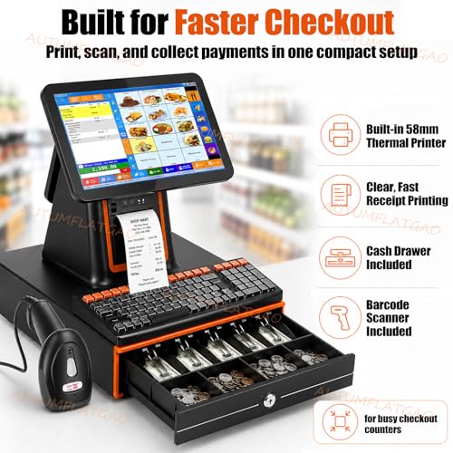 All in One Pos System Cash Register, 15.6" Touch Screen, Built-In Thermal Printer, I5 Processor, 8GB RAM, 128GB SSD, Barcode Scanner and Drawer for Small Business Retail and Restaurant Use Black
