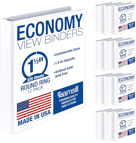 Samsill 1.5 Inch 3 Ring Binders, Economy Round Ring, Clear View Cover, 325 Sheet Capacity - for School, Home, Office - White, 12 Pack