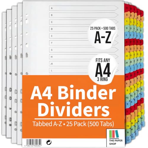 The Paper Shop A-Z Dividers for 3 Ring Binder - A4 (25 Pack) | Alphabet Binder Dividers with Tabs for Office School & Classroom | A-Z Alphabetical Index Tabs 150gsm | Bulk Colour-Coded 25-Pack