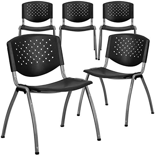 BizChair 5 Pack 880 lb. Capacity Black Plastic Stack Chair with Titanium Gray Powder Coated Frame