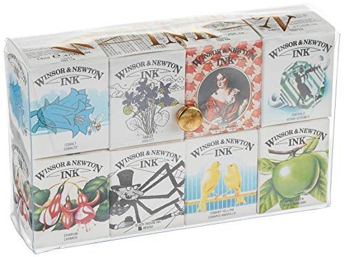 Winsor & Newton Drawing Ink Set, 8 Colors (Crimson, Apple Green, Viridian, Sunshine Yellow), Solvent-Based, Bottle Container