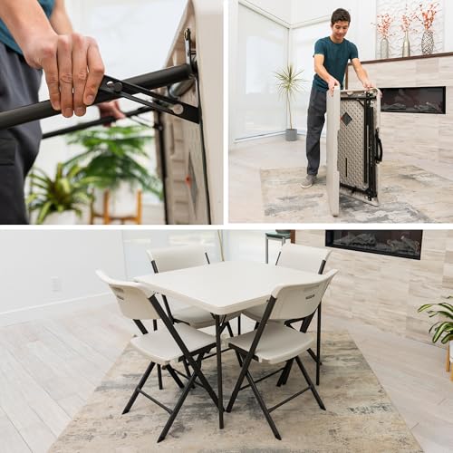 LIFETIME Folding Table and Chair Set, 37-Inch Square Fold-in-Half Table with 4 Chairs, Almond, Steel Frame
