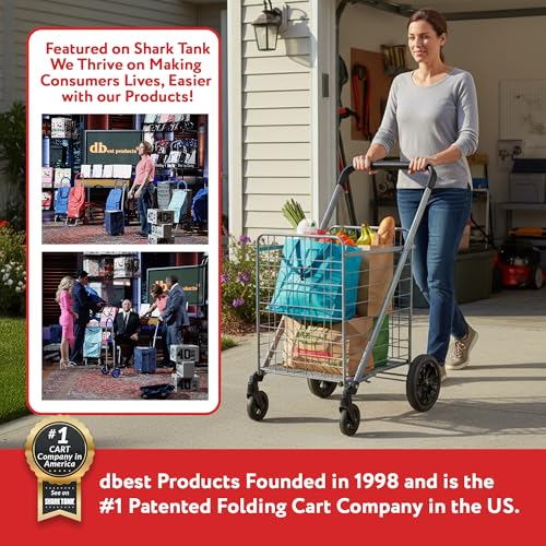 dbest Products Cruiser Cart Deluxe 2 - Foldable Shopping Cart with Wheels & Brake System - Heavy Duty Collapsible Utility Cart for Groceries & Laundry - Holds 100 lbs - Silver, Alloy Steel