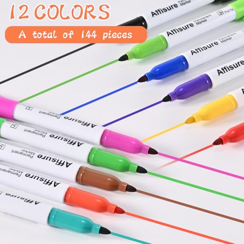 Affisure 12 Colors Permanent Markers， 144 Pack colored marker sets, Assorted Colors Marker，Fine Point， Permanent Markers Bulk, Fast Dry, Waterproof, work on Plastic, Glass, Metal, Wood and Stone