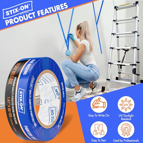 STIX-ON Painters Tape 1.5 inch Wide, 24 Roll Painting Tape, Blue Masking Tape for Painting Walls, DIY, Surface-Safe & Residue-Free, Edge Paint, 1.41 Inch X 60 Yards X 24 Rolls, Bulk