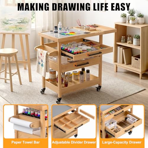 GDLF Solid Beech Wood Art Cart, Artist Taboret with Tempered Glass Palette