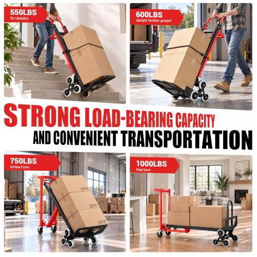 BSMTEK 4 in 1 Convertible Hand Truck Dolly Cart with Wheels, 1000 Lbs Max Capacity Heavy Duty Iron Stair Climbing Cart, Folding Dolly with Bungee Cord for Stairs, Home, Office, Red-Black