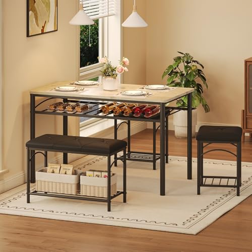 Garvee Dining Table Set for 4, Kitchen Table with Upholstered Bench and 2 Stools, 4 Pieces Kitchen Table Set with Storage Rack & Metal Frame for Small Space, Kitchen Table and Chairs Set for Apartment