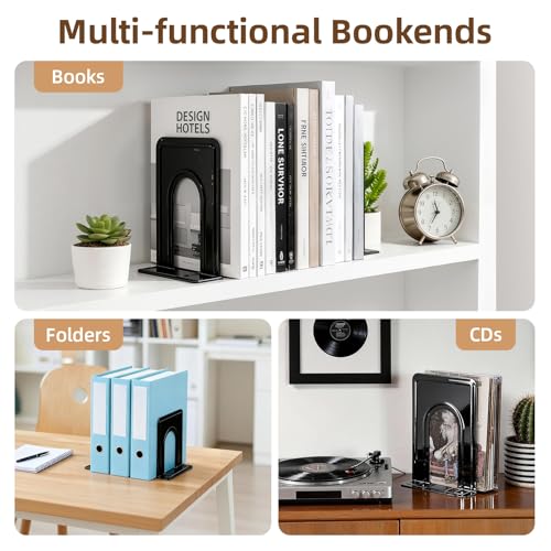 HappyHapi 12 Pairs Book Ends, Heavy Duty Bookends for Shelves, Black