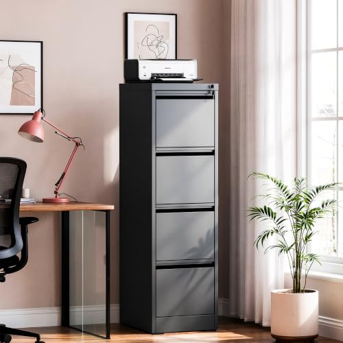 VIYET File Cabinet 4 Drawer with Lock, Vertical Filing Cabinets for Home Office, Metal Steel Storage Cabinet for Letter/Legal Size File, Assembly Required(Black)