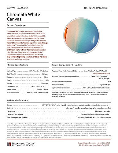 Chromata White Canvas Poly-Cotton Blend 17 in x 22 in, 25 Sheets for Photos & Digital Art Prints; 19 mil, 450 gsm Inkjet Material Does Not Need Optical Brighteners to Deliver Its Bright White Finish