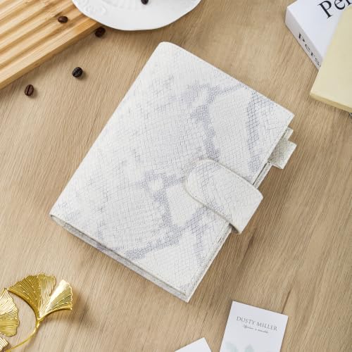 Smartfee Leather Personal Organizer Planner – 6 Rings Notebook Binder with Flyleaf, 30mm Gold Ring, Snake embossed Leather（Snake white)
