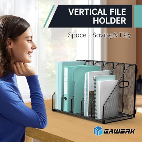 Gawerk 2 Pack Desktop File Magazine Folder Holder 5 Vertical Compartments, Desk Organizer Vertical Magazine Folder Organize with Side Handles, for Office Home School, Black