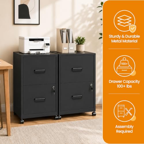 Yukimo 2 Drawer File Cabinet with Wheels, Metal Mobile Filing Cabinets with Lock, Vertical File Cabinet for Home Office, Rolling Storage Cabinet for A4/Letter/Legal Size File, Assembly Required, Black