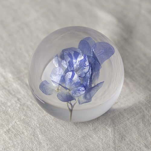 NouvoCrescent Real Blue Hydrangea Paperweight - Home Decor Crystal Resin Ball 3.14in (80mm) - Clear Blue Hydrangea Flower Globe for Special Days - Sphere Figurine Office Paperweight w/Flat Bottom