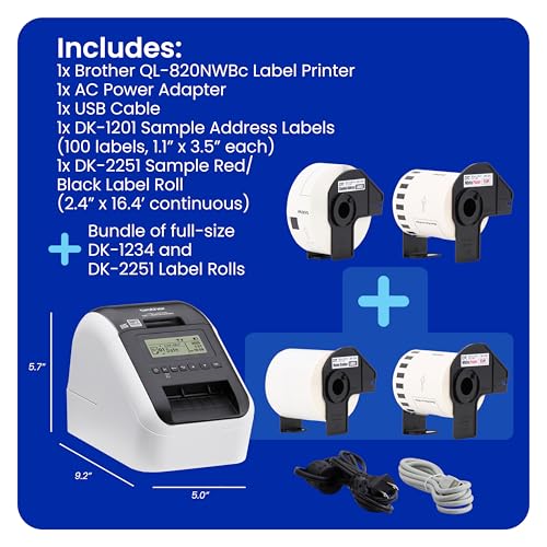Brother QL-820NWBC Ultra Flexible Label Printer with Multiple Connectivity Options (Bundle with 2 Rolls of Genuine DK Label Tapes)