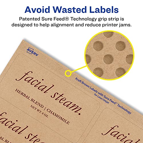 Avery® Kraft Brown Rectangle Labels, Sure Feed® Technology, 2" x 4", 1,000 Kraft Brown Labels, Laser/Inkjet Printable