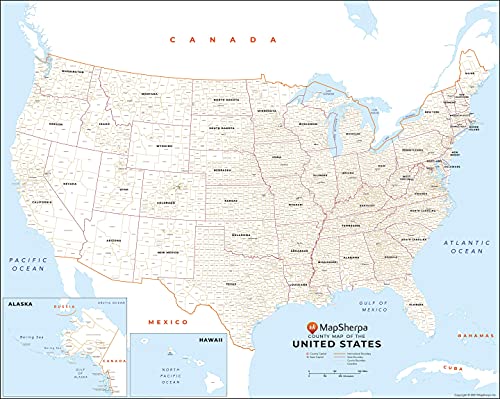 MapSherpa USA Map with County Names - Extra Large - 60" x 48" Rolled Canvas