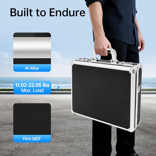 MhdunueSK Locking Briefcase,Aluminum Combination Lock Hard Laptop Case with Strap,15x13x4.3 Inch Briefcases for Men and Women (Black)