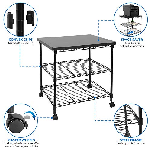 Mount-It! Printer Stand With Wheels | 3-Tier Large Printer Cart With Storage Shelves For 3D & Laser Printer, Scanner, Heat Press | Rolling Metal Utility Table For Home and Office Use, 200 Lbs Capacity