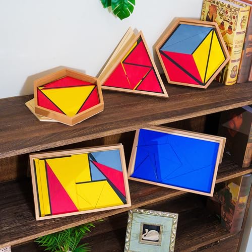 Premium Montessori Large Constructive Triangles, 5Box Set Sensorial Materials for Kids ,6.3lbs Beechwood Geometry Puzzles for Preschool Homeschool,Ages 4-7 Educational Toys, Geometry Learning Supplies