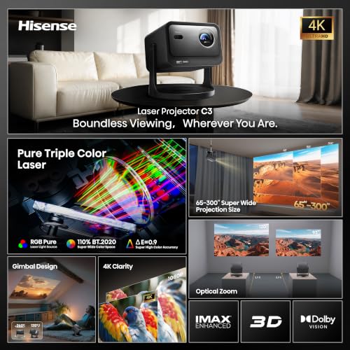Hisense C3 Triple Color RGB Smart Laser Projector, 2500 ANSI Lumens,65"-300",4K UHD,IMAX ENHANCED,Dolby Vision,JBL Speaker,Optical Zoom,Intelligent Screen Adjustments,Smart Vidaa OS,Netflix Included