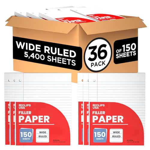 Wide Ruled Loose Leaf Paper Wide Ruled Notebook Paper Lined Writing Filler Paper 10.5” x 8” 56 gsm 4500 Sheets 150 Sheet Per Pack (36 Pack)