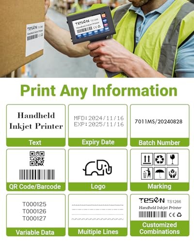 TESEN New Upgrade Handheld Inkjet Printer with 1/2 Inch (12.7mm) Printhead for Date Time Logo Batch Number QR Code Quick Drying Printing on Plastic Wood Carboard Metal Glass and More (Green)
